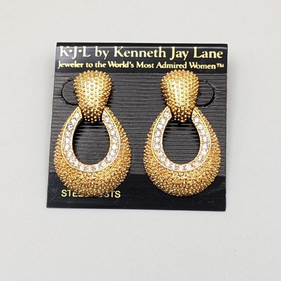 Kenneth Jay Lane Crystal Studded Textured Door Knocker Earrings NEW - Picture 1 of 6